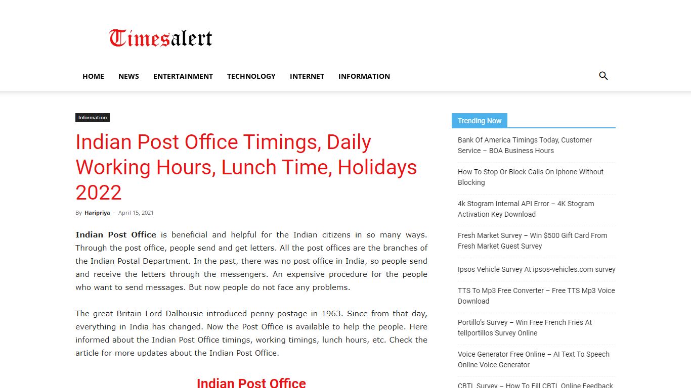 Indian Post Office Timings - Daily Working Hours, Lunch Time